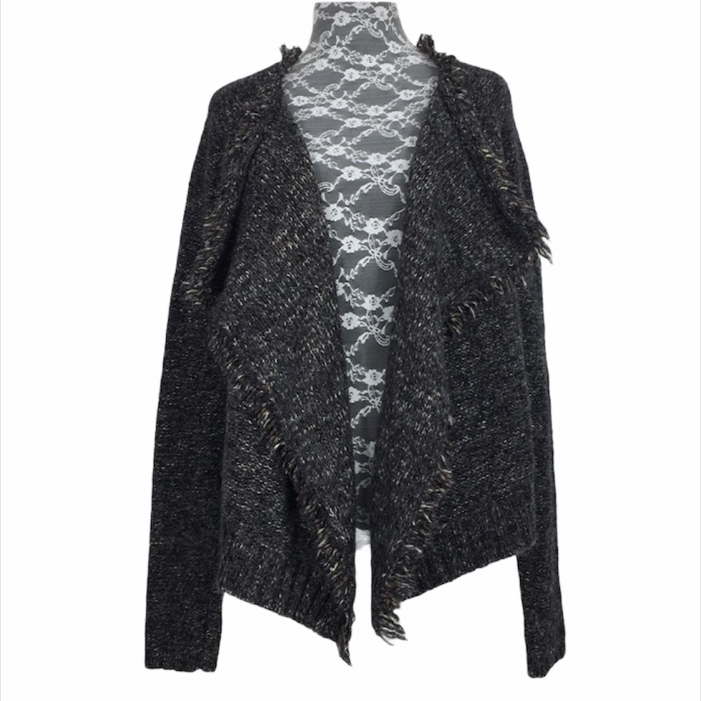 360 Sweater Drape‎ Open Gray Knit Fringe Cardigan